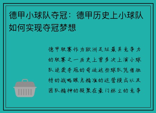 德甲小球队夺冠：德甲历史上小球队如何实现夺冠梦想